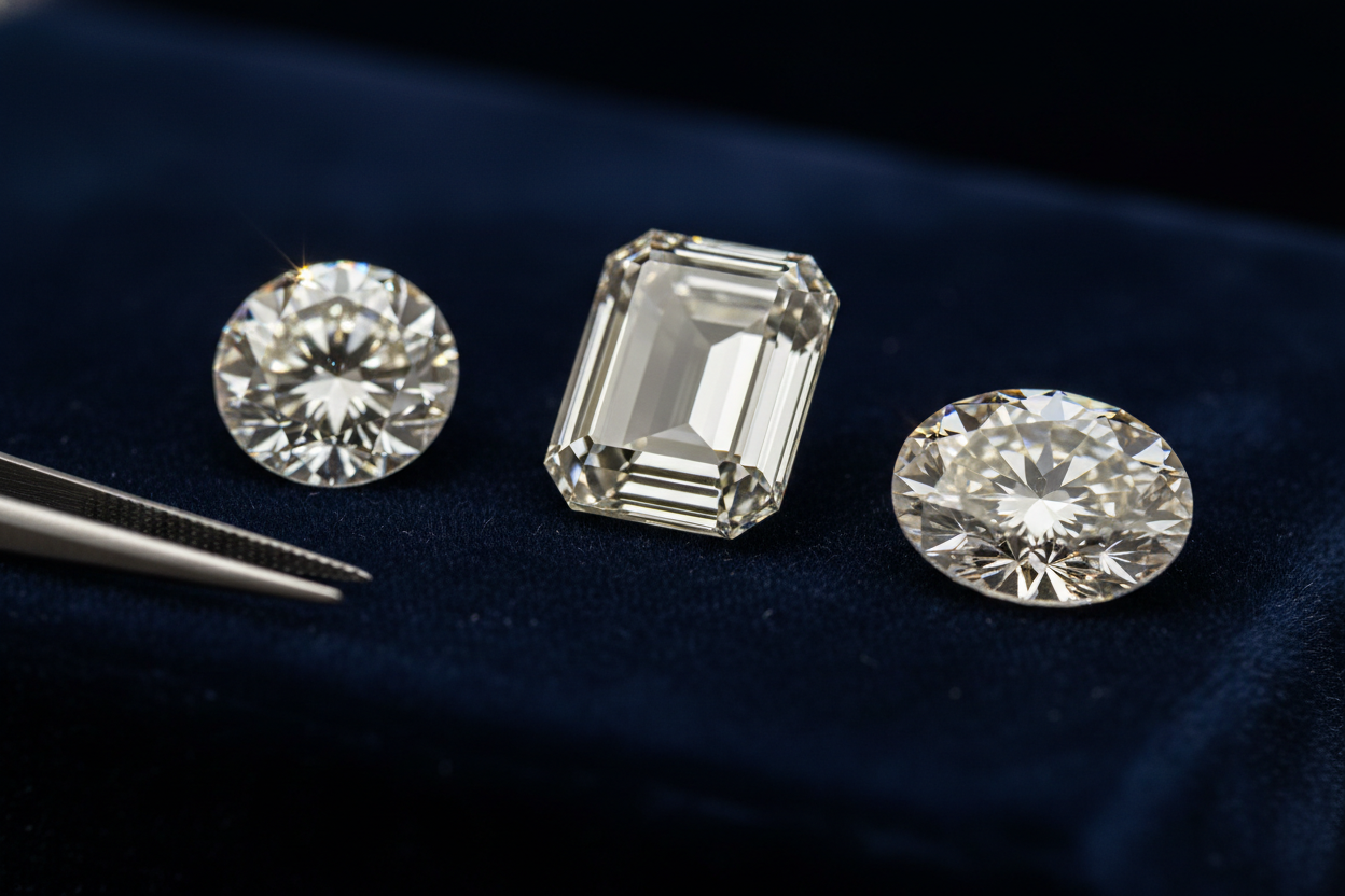 Three polished diamonds — round brilliant, emerald cut, oval — on navy velvet with precision tweezers